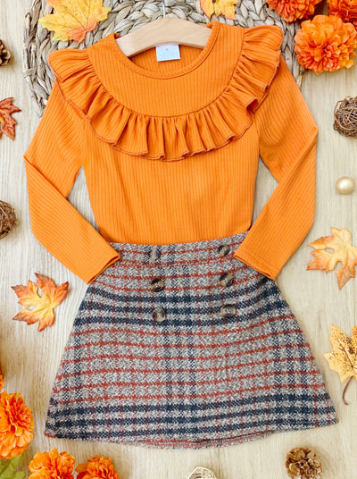 Pumpkin Top & Plaid Skirt Set - Mia Belle Girls