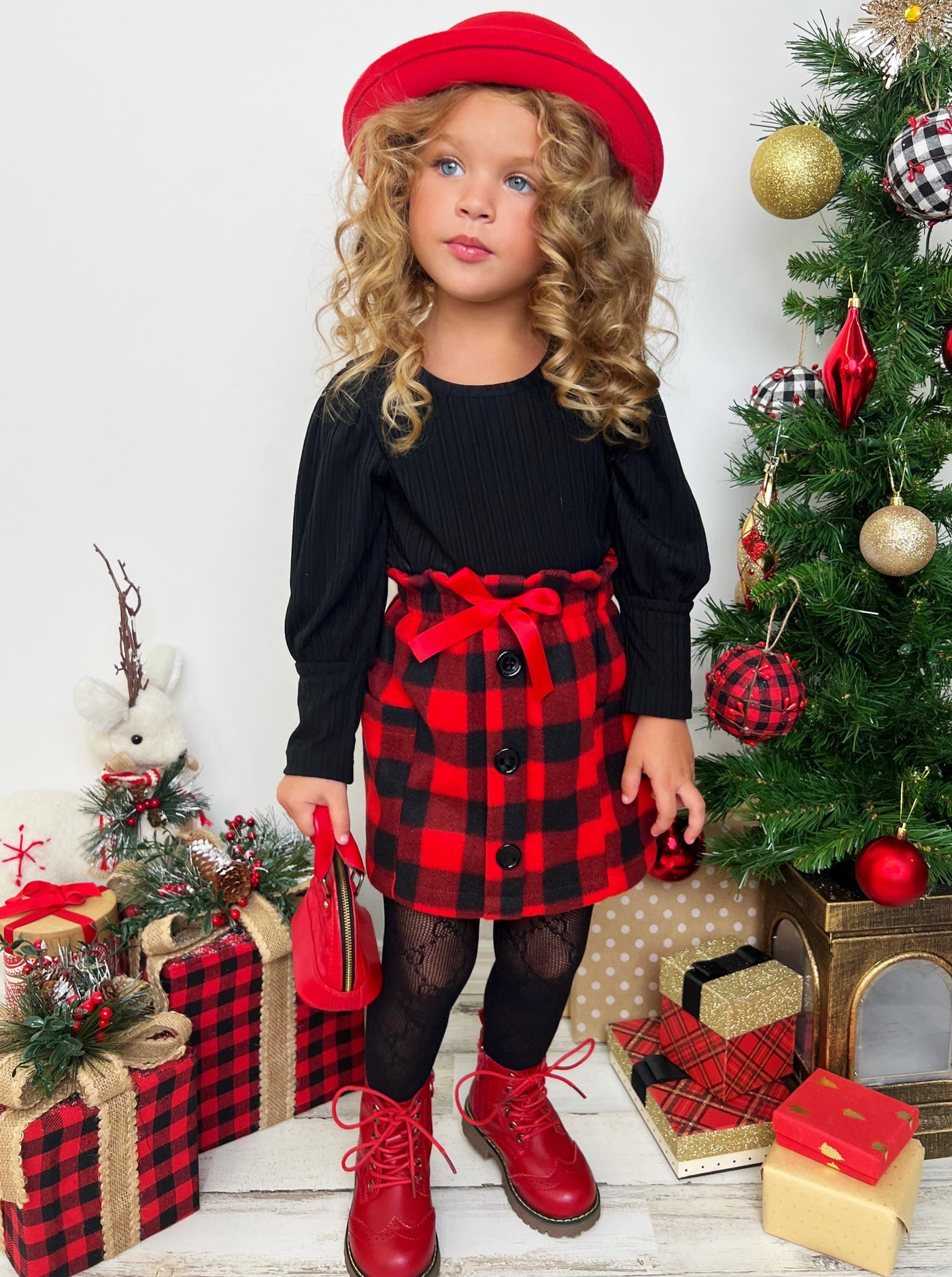 Toddler Girl Winter Clothes Sale | Puff Sleeve Top And Plaid Skirt Set