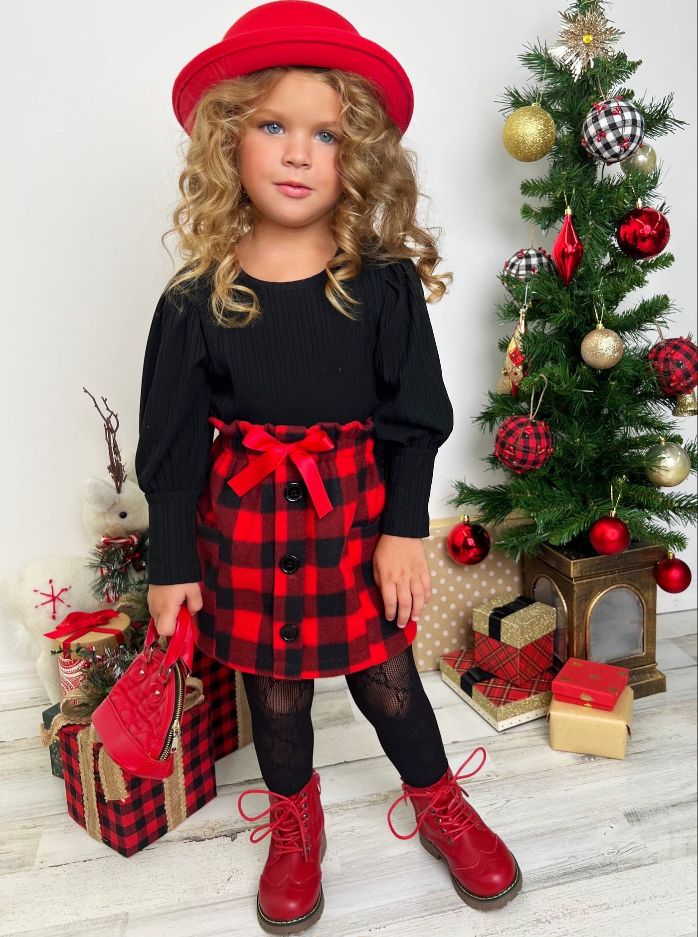 Toddler Girl Winter Clothes Sale | Puff Sleeve Top And Plaid Skirt Set