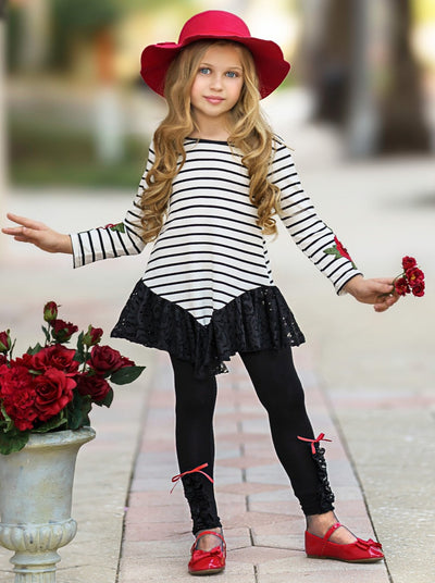 Little girls preppy chic striped long-sleeve tunic with lace trim, embroidered rose cuffs, keyhole tie in back, and black leggings with ruffle lace trim and ribbons - Mia Belle Girls