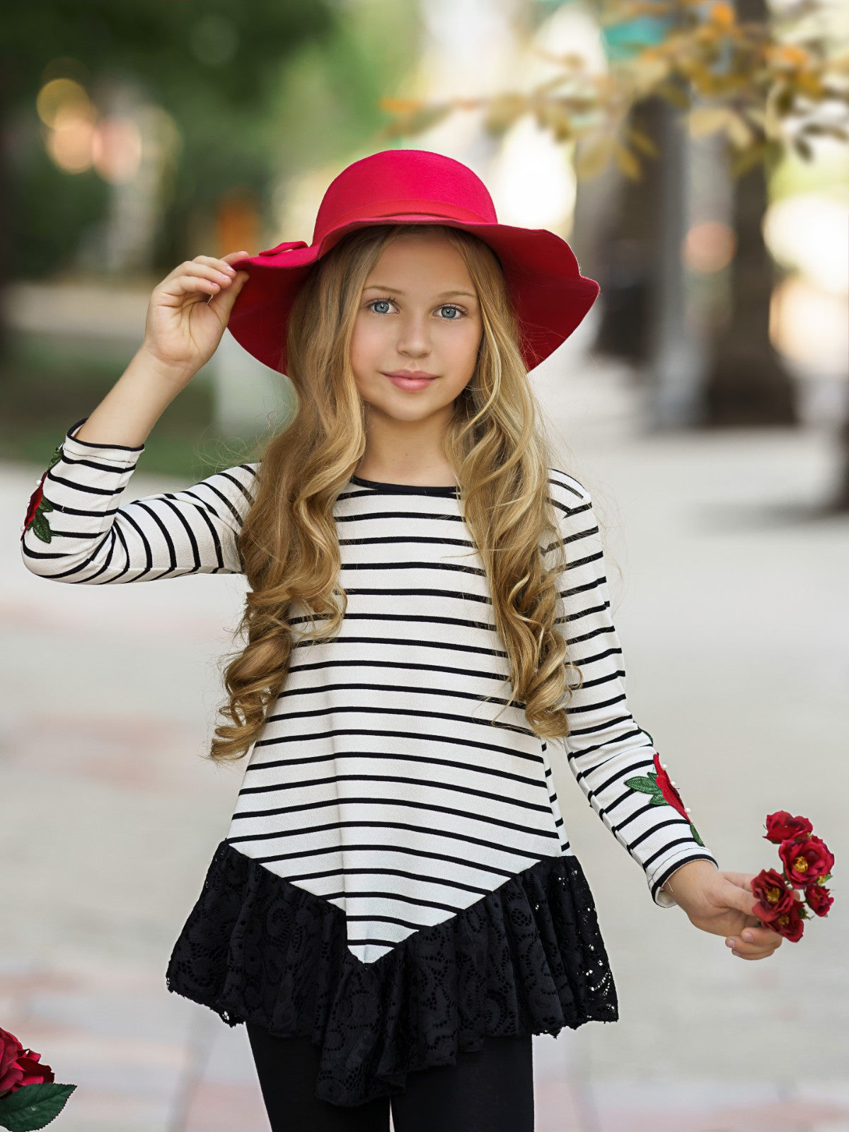 Little girls preppy chic striped long-sleeve tunic with lace trim, embroidered rose cuffs, keyhole tie in back, and black leggings with ruffle lace trim and ribbons - Mia Belle Girls