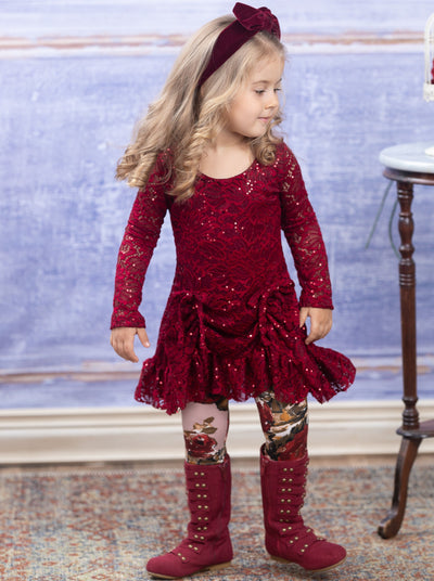 Sequin Lace Drawstring Tunic & Floral Legging Set - Mia Belle Girls