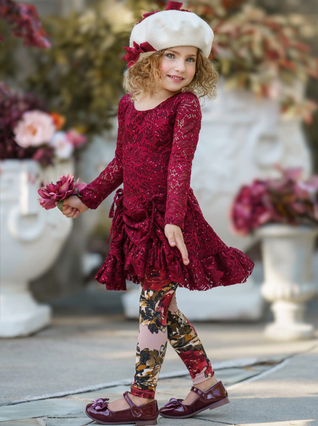 Sequin Lace Drawstring Tunic & Floral Legging Set - Mia Belle Girls