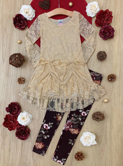 Toddler Fall Outfits | Ivory Lace Drawstring Tunic Floral Legging Set