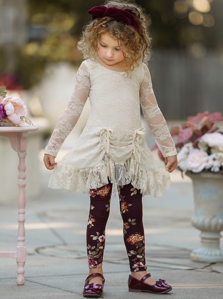 Toddler Fall Outfits | Ivory Lace Drawstring Tunic Floral Legging Set