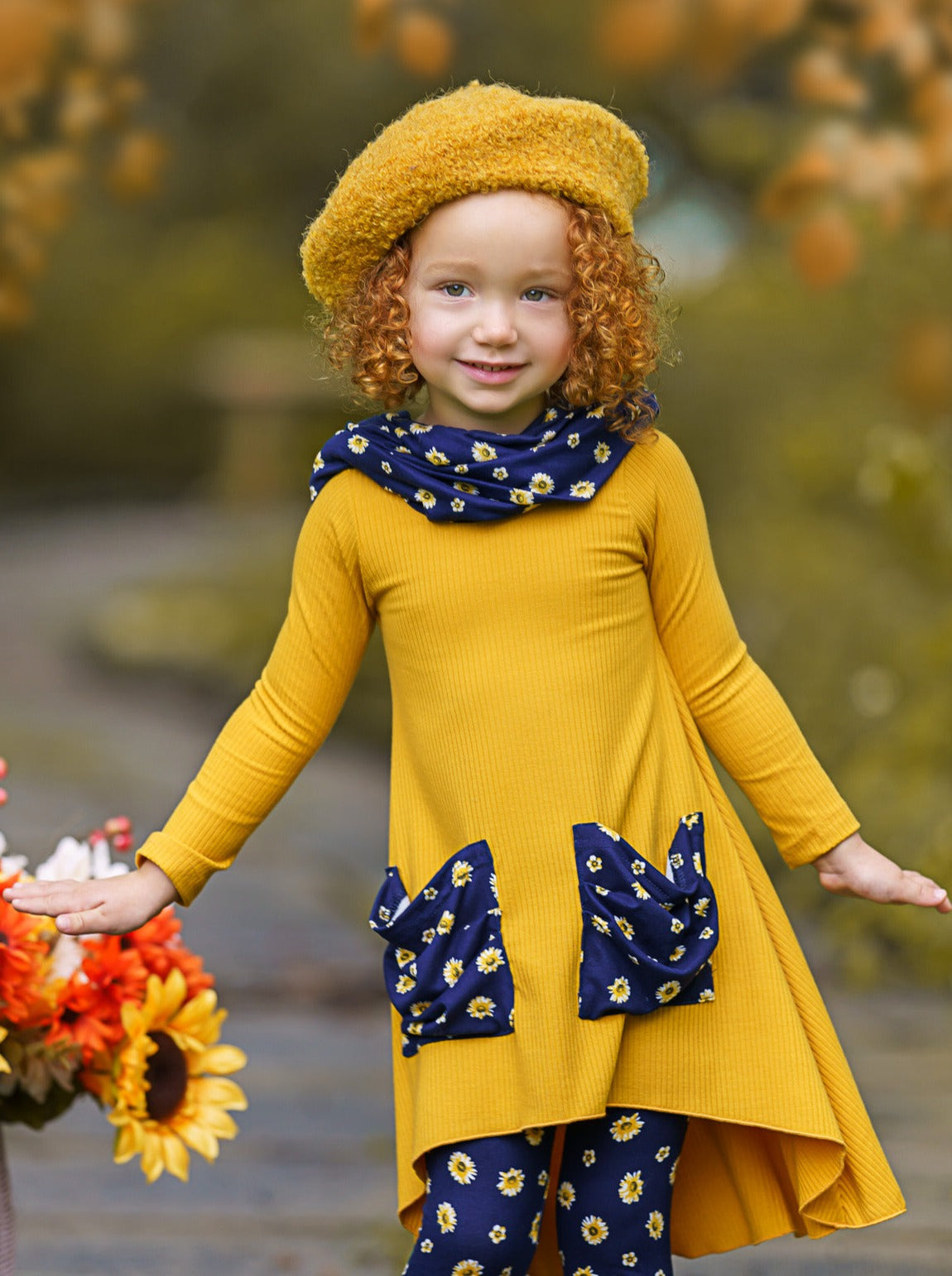 Cute Fall Kids Clothes | Girls Dual Pocket Tunic Scarf & Legging Set