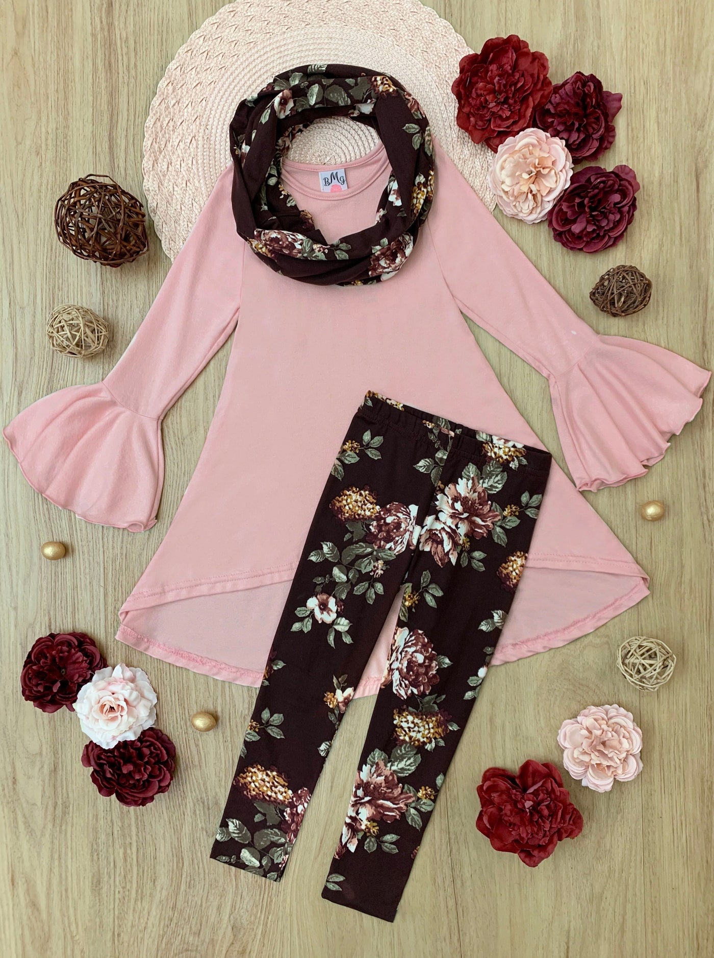 Cute Fall Kids Clothes | Abigail Pink Tunic Floral Scarf & Legging Set