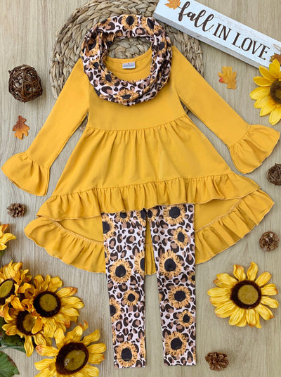 Girls Everyday Fall | Sunflower  Leopard Print Legging Scarf Set - Mia Belle Girls