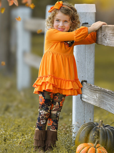 Little Girls Fall Outfits | Cute Floral Camo Tunic Scarf & Legging Set