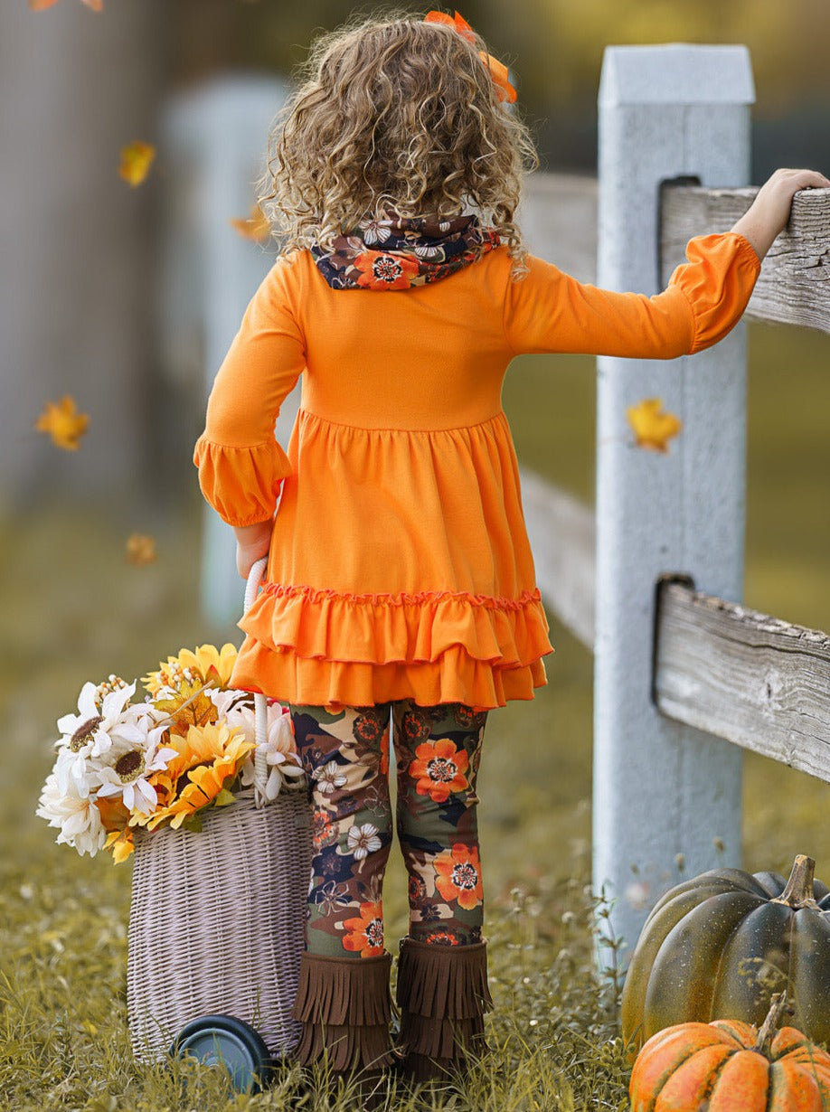 Little Girls Fall Outfits | Cute Floral Camo Tunic Scarf & Legging Set