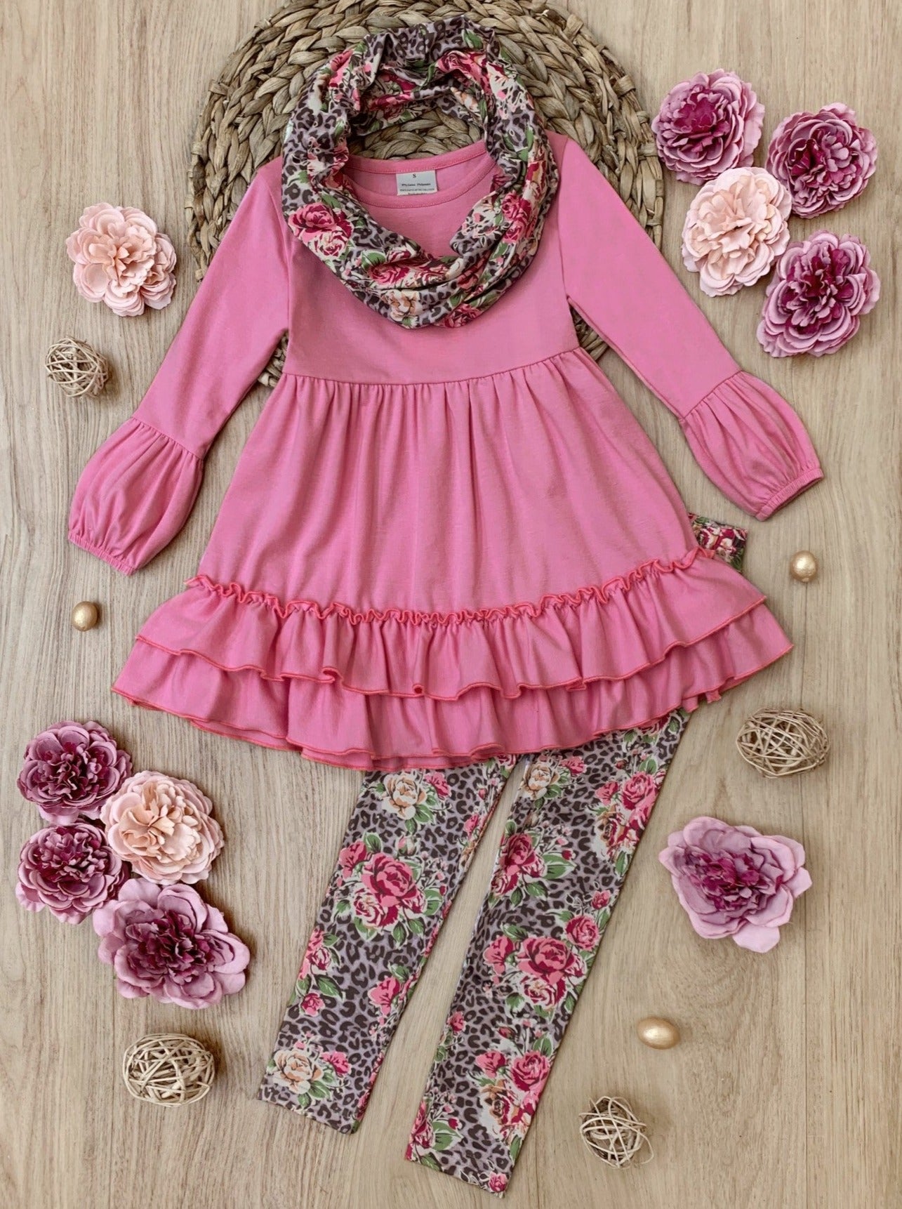 Girls Fall Outfits | Floral Leopard Print Tunic Scarf & Legging Set 