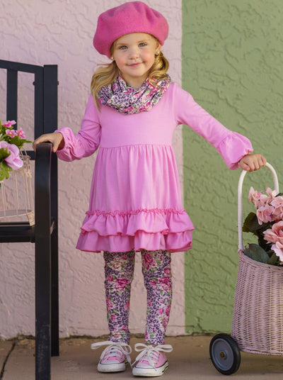 Girls Fall Outfits | Floral Leopard Print Tunic Scarf & Legging Set 