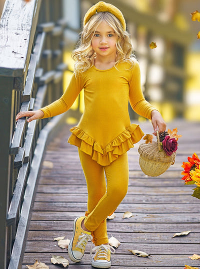 Cute Toddler Fall Sets | Girls Rib Knit Ruffle Hem Tunic & Legging Set