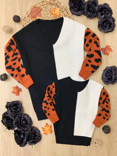 Girls Leopard Print Color Block Knit Sweater - Mia Belle Girls