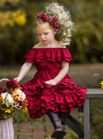 Little Girls Fall Boho Burgundy Tiered Ruffle Dress - Mia Belle Girls
