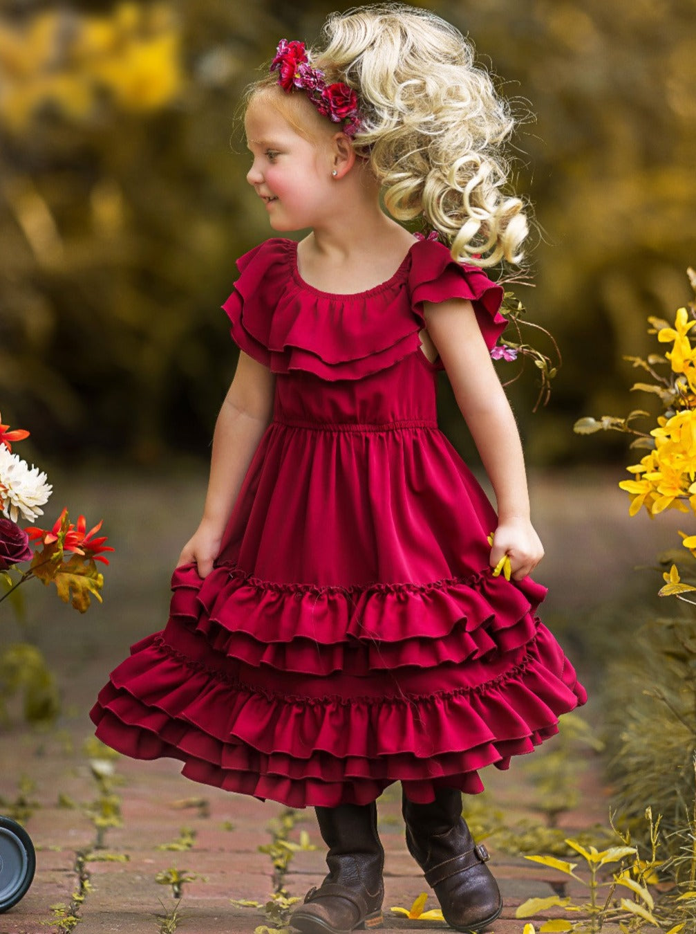 Little Girls Fall Boho Burgundy Tiered Ruffle Dress - Mia Belle Girls