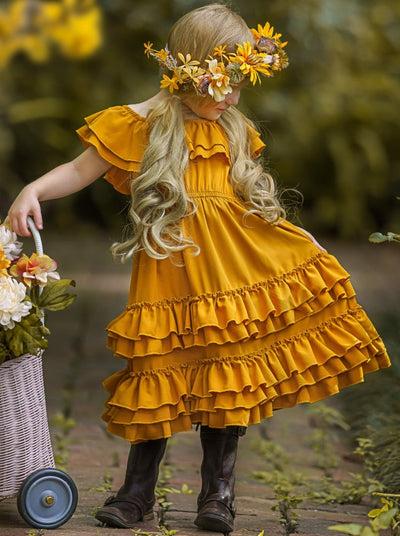 Little Girls Fall Boho Marigold Tiered Ruffle Dress - Mia Belle Girls