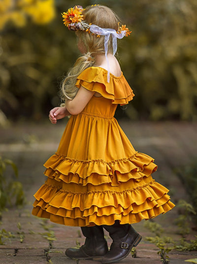 Little Girls Fall Boho Marigold Tiered Ruffle Dress - Mia Belle Girls