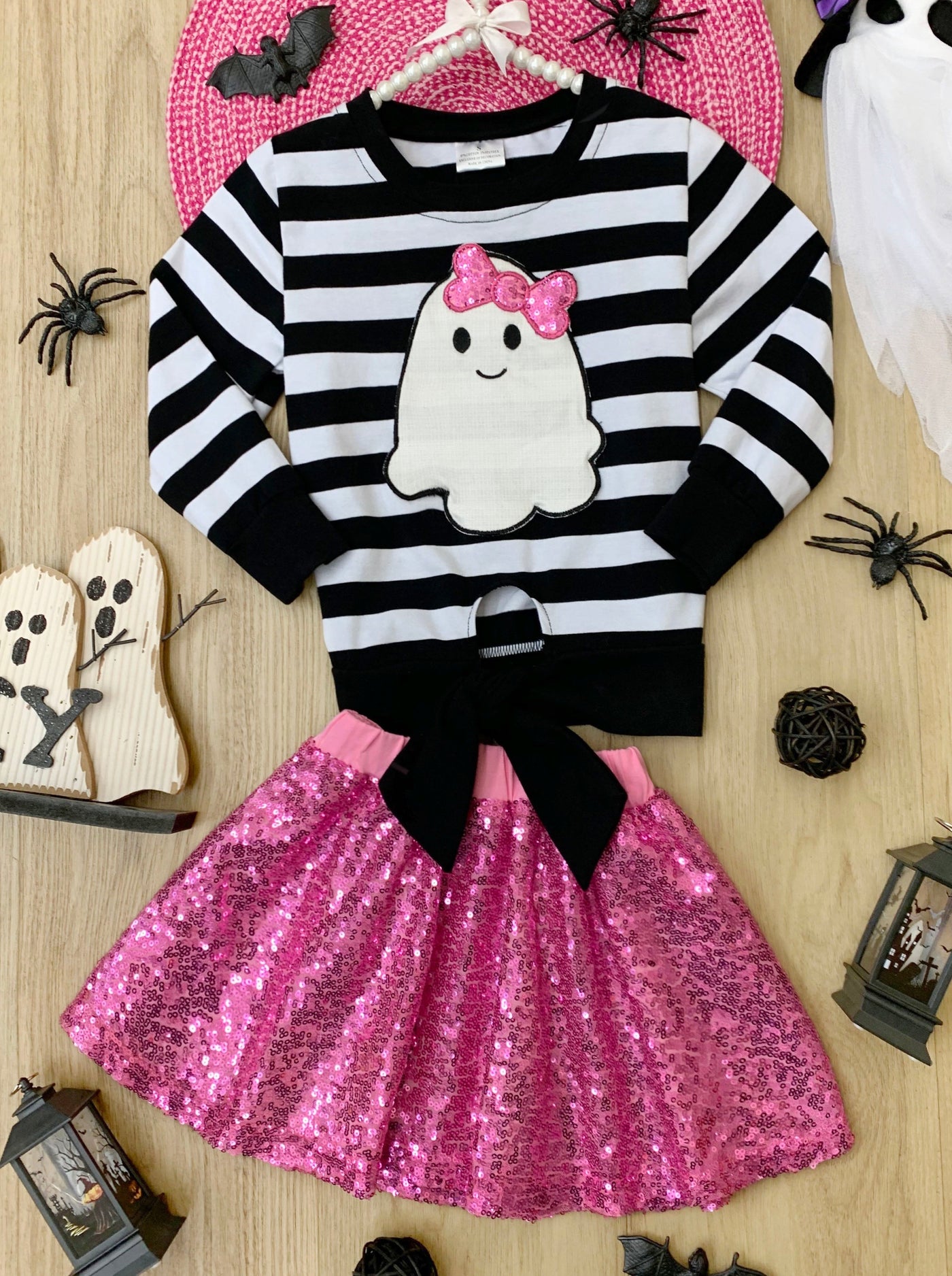 Girls Halloween Apparel | Toddler Striped Ghost Top & Sequin Skirt Set