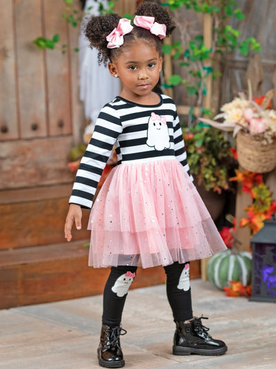 Girls Halloween Apparel | Striped Ghost Sequin Tutu Tunic Legging Set