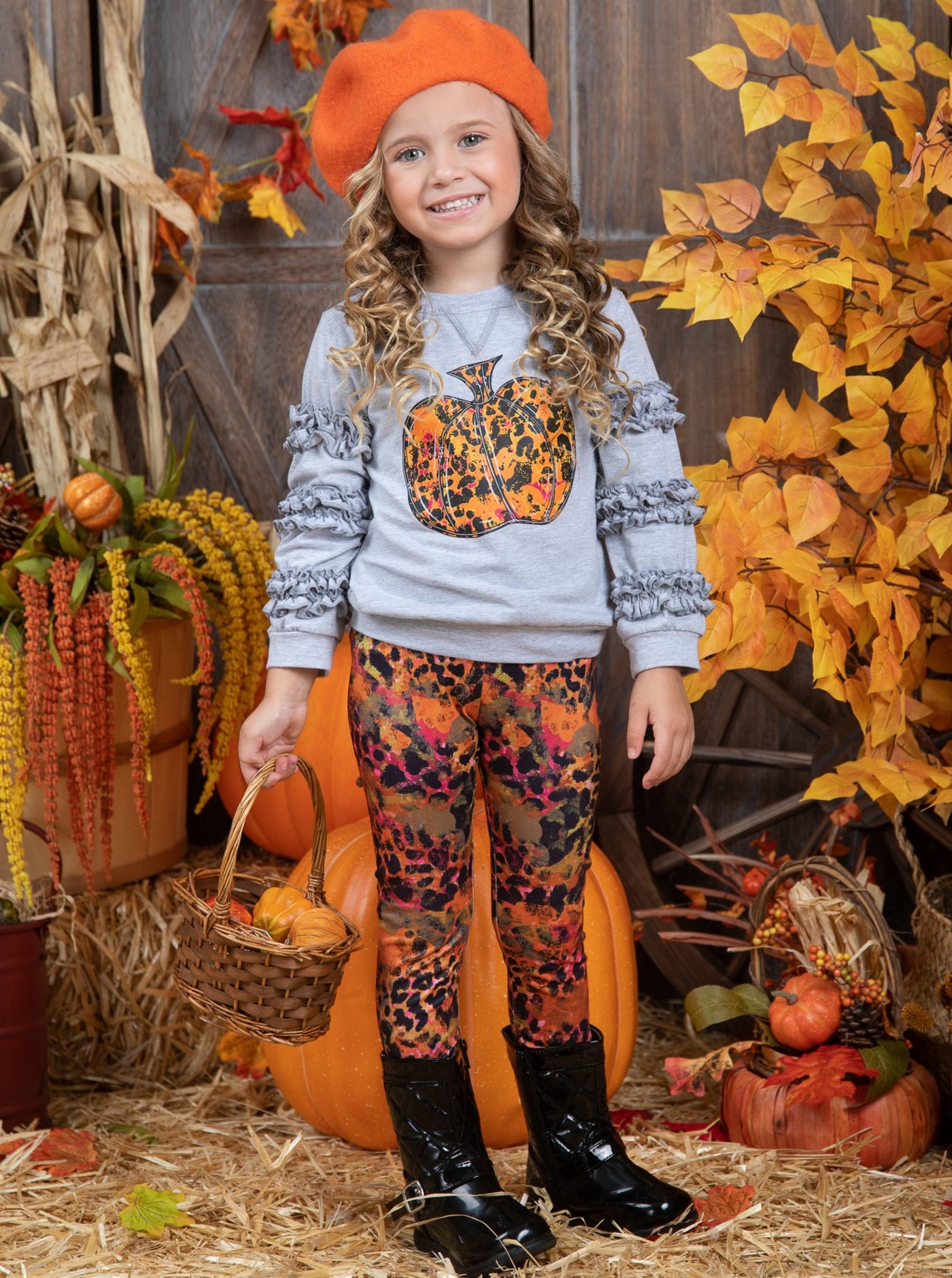 Mia Belle Girls Fall Pumpkin Frill Pullover & Legging Set