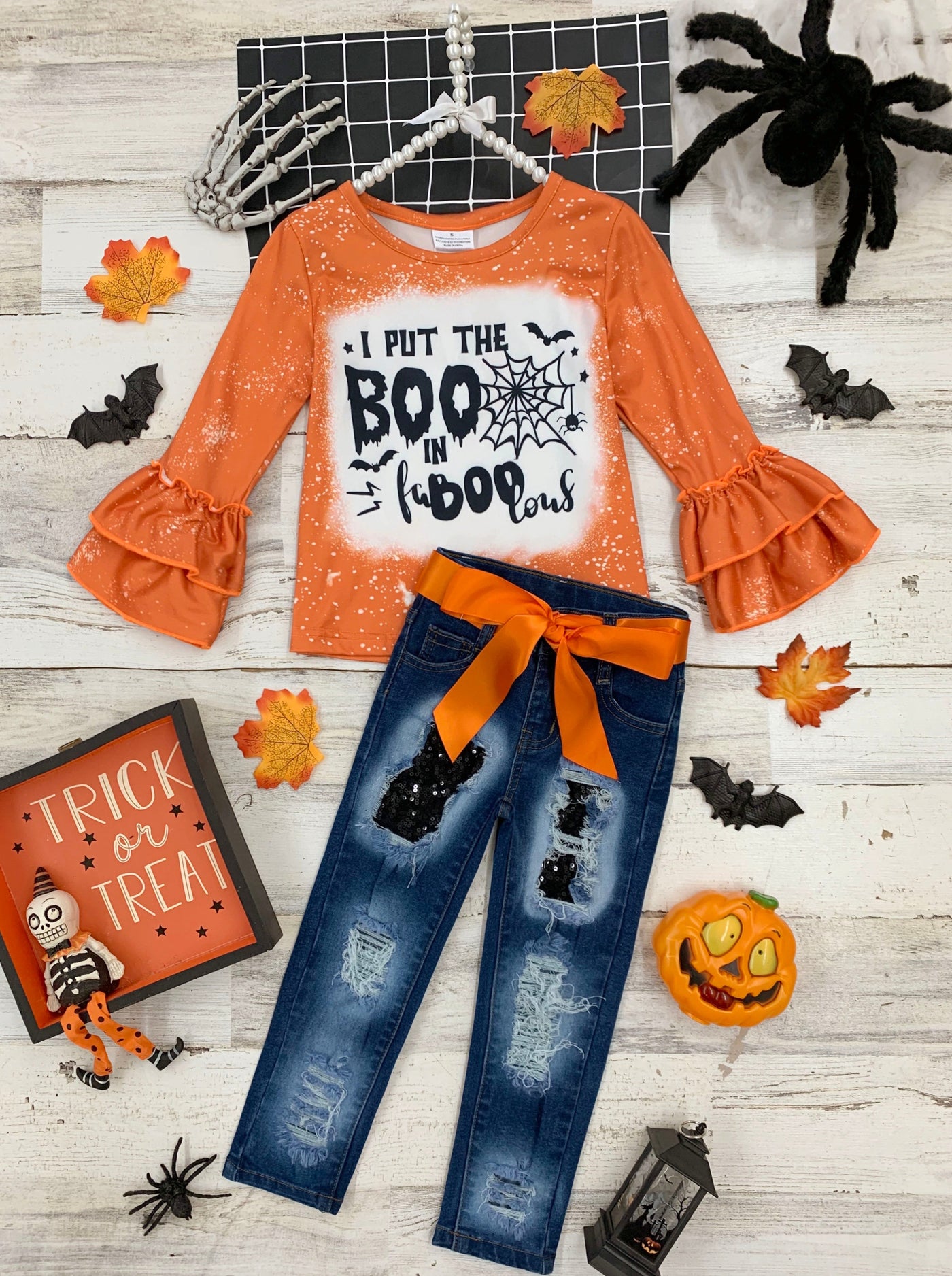 Girls Halloween Outfit | Boo Top & Patched Jeans Set - Mia Belle Girls