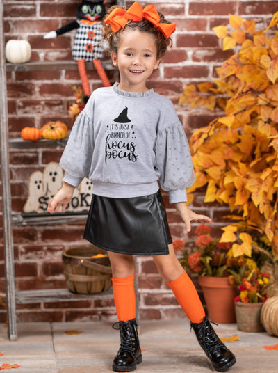 Girls Hocus Pocus Sweater & Vegan Leather Skirt Set - Mia Belle Girls