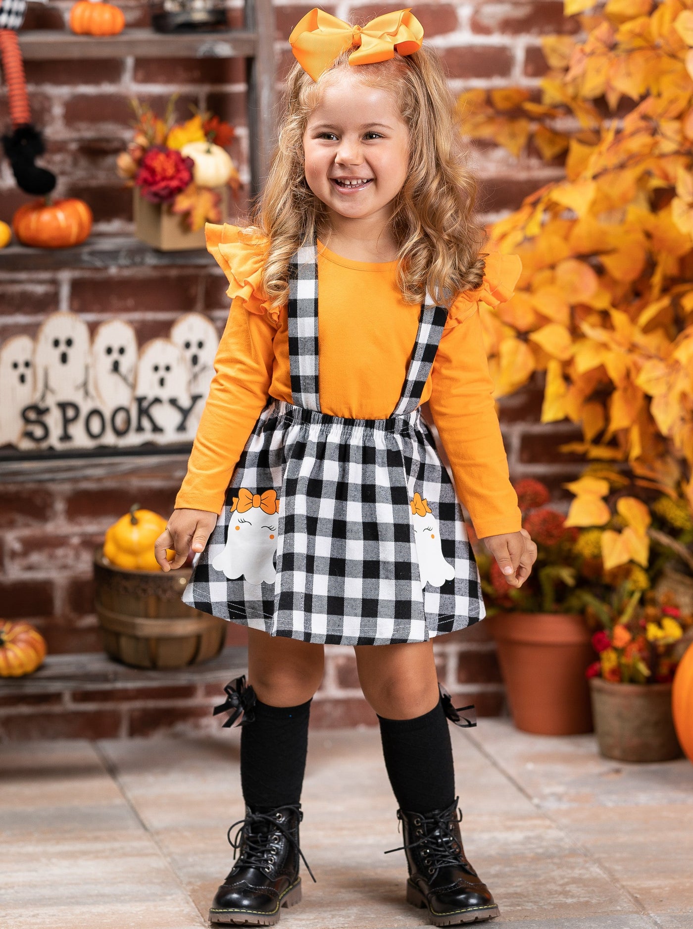 Girls Halloween Apparel | Ghost Overall Skirt Set | Mia Belle Girls
