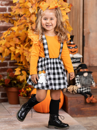 Girls Halloween Apparel | Ghost Overall Skirt Set | Mia Belle Girls