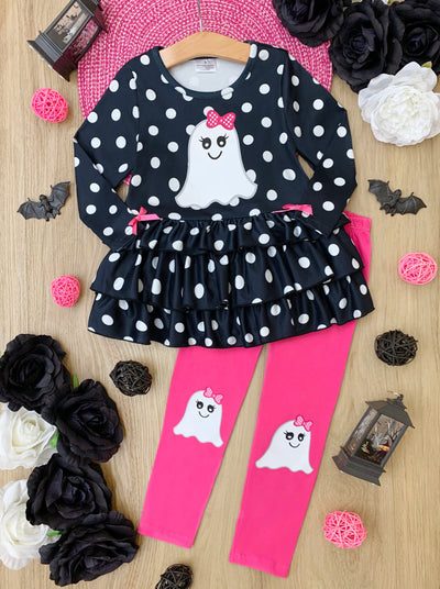 Girls Halloween apparel long-sleeve polka dot tunic with ghost girl applique, tiered ruffle skirt, and matching patched knee leggings - Mia Belle Girls