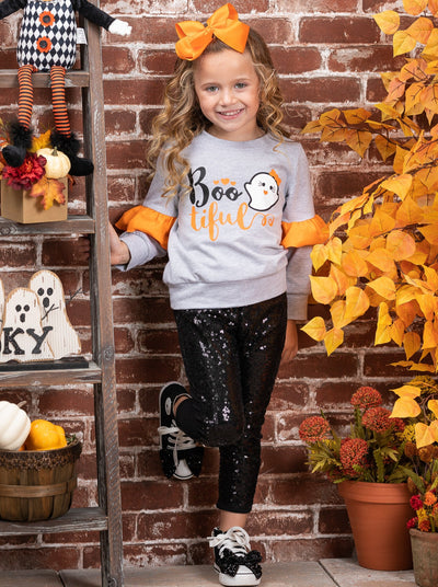 Girls Halloween Apparel | Toddlers Ghost Sweater & Sequin Legging Set