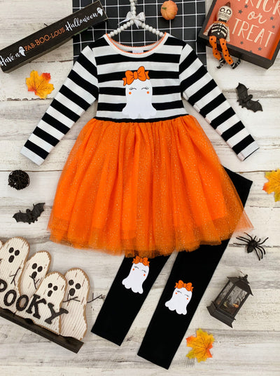 Girls Halloween long-sleeve tutu tunic with striped, ghost graphic bodice, glittery tulle layered skirt, and matching ghost patched knee leggings - Mia Belle Girls