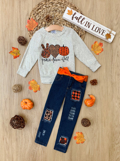 Peace, Love, Fall Pullover & Patched Jeans Set - Mia Belle Girls