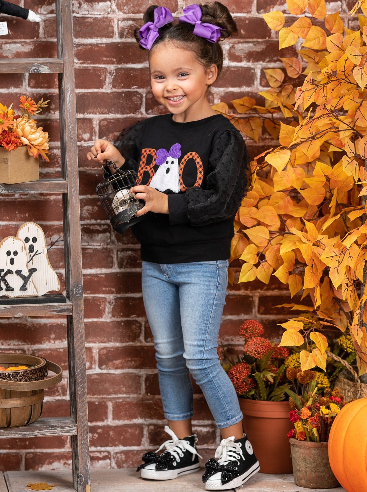 Girls Halloween Tops | Tulle Sleeve Pullover Sweater - Mia Belle Girls