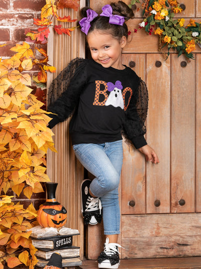 Girls Halloween Tops | Tulle Sleeve Pullover Sweater - Mia Belle Girls