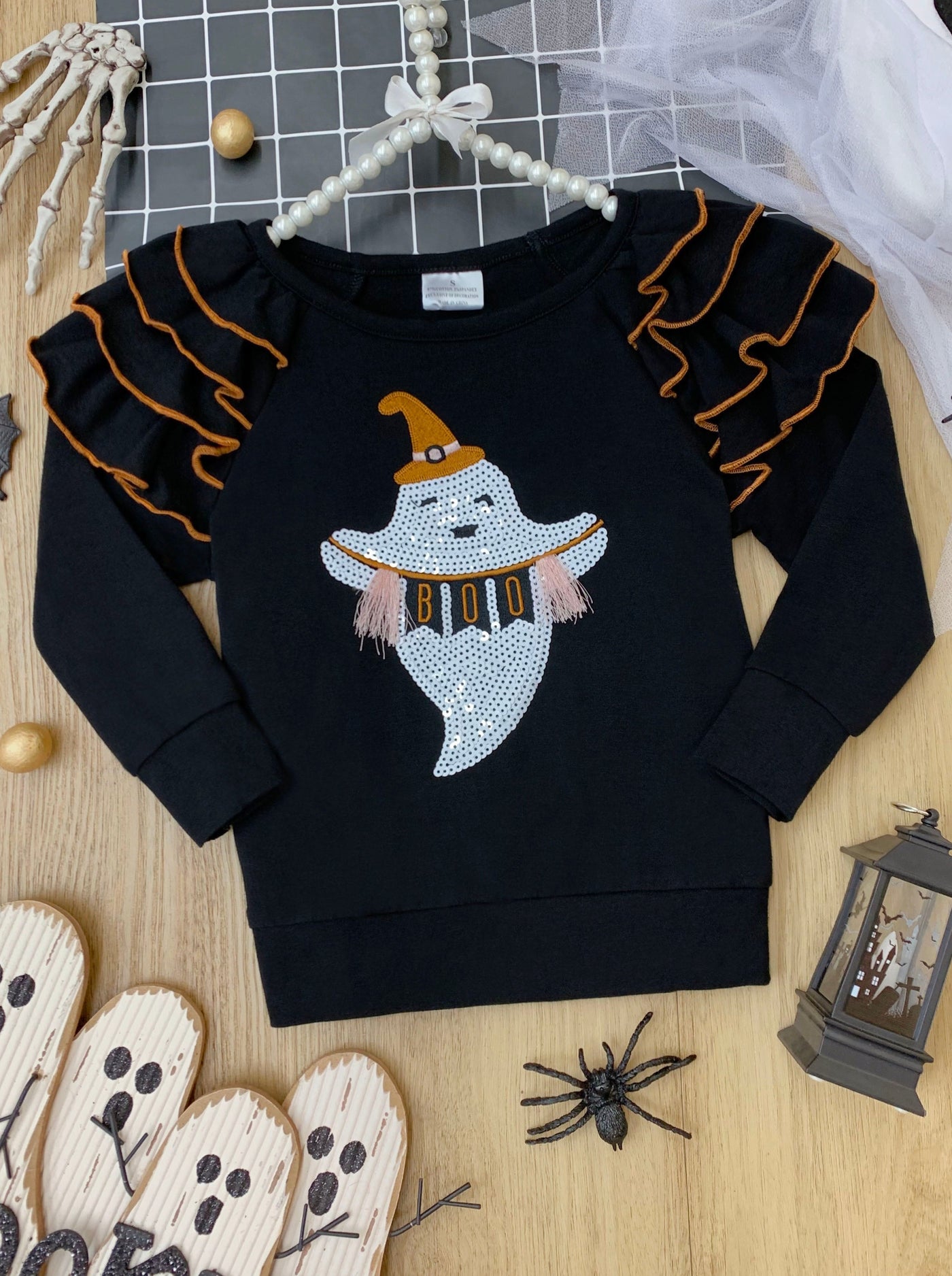 Girls Halloween Tops | Black Ghost Sequin Sweater - Mia Belle Girls