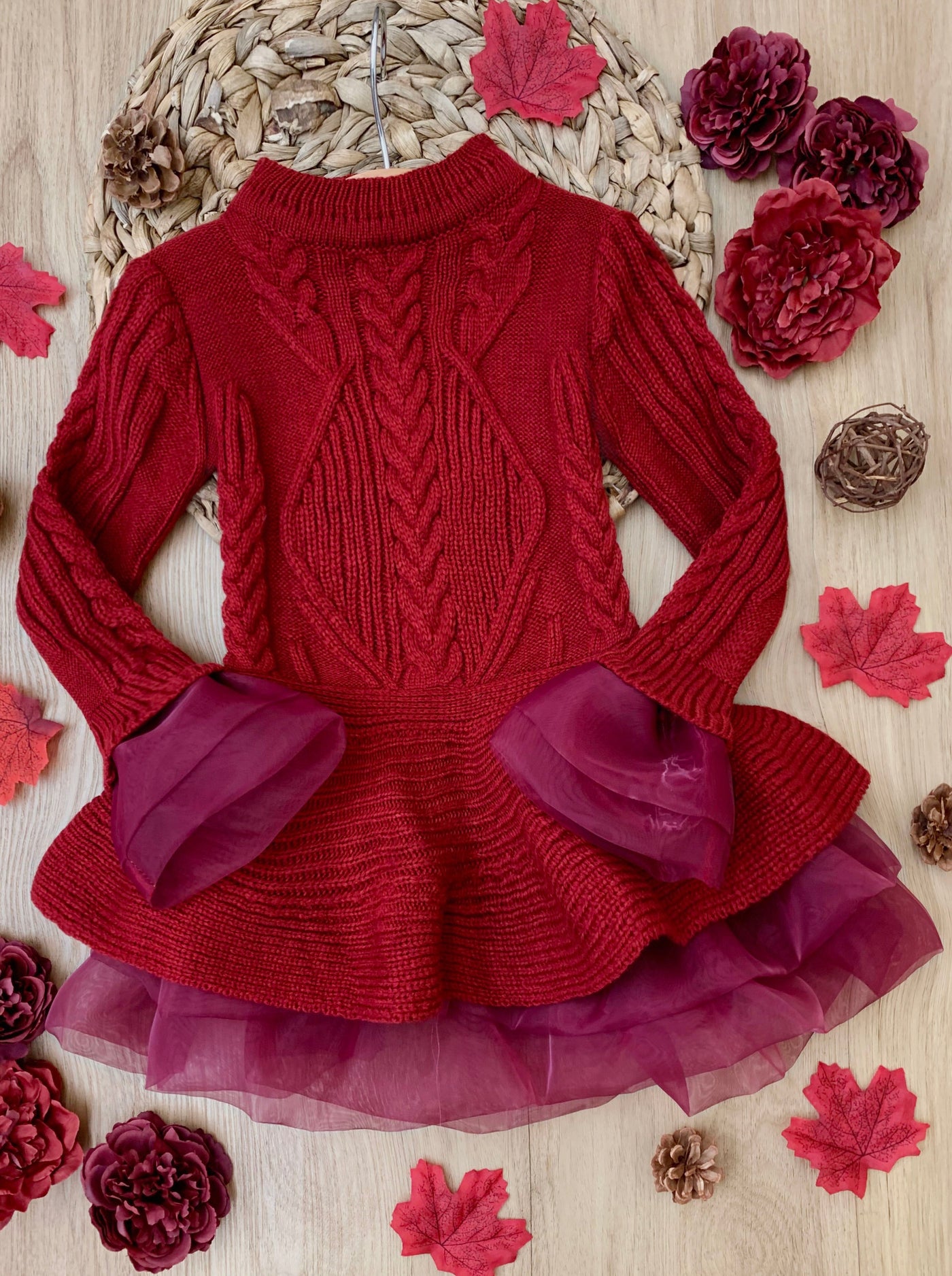Girls Fall Burgundy Cable Knit Peplum Tutu Sweater - Mia Belle Girls