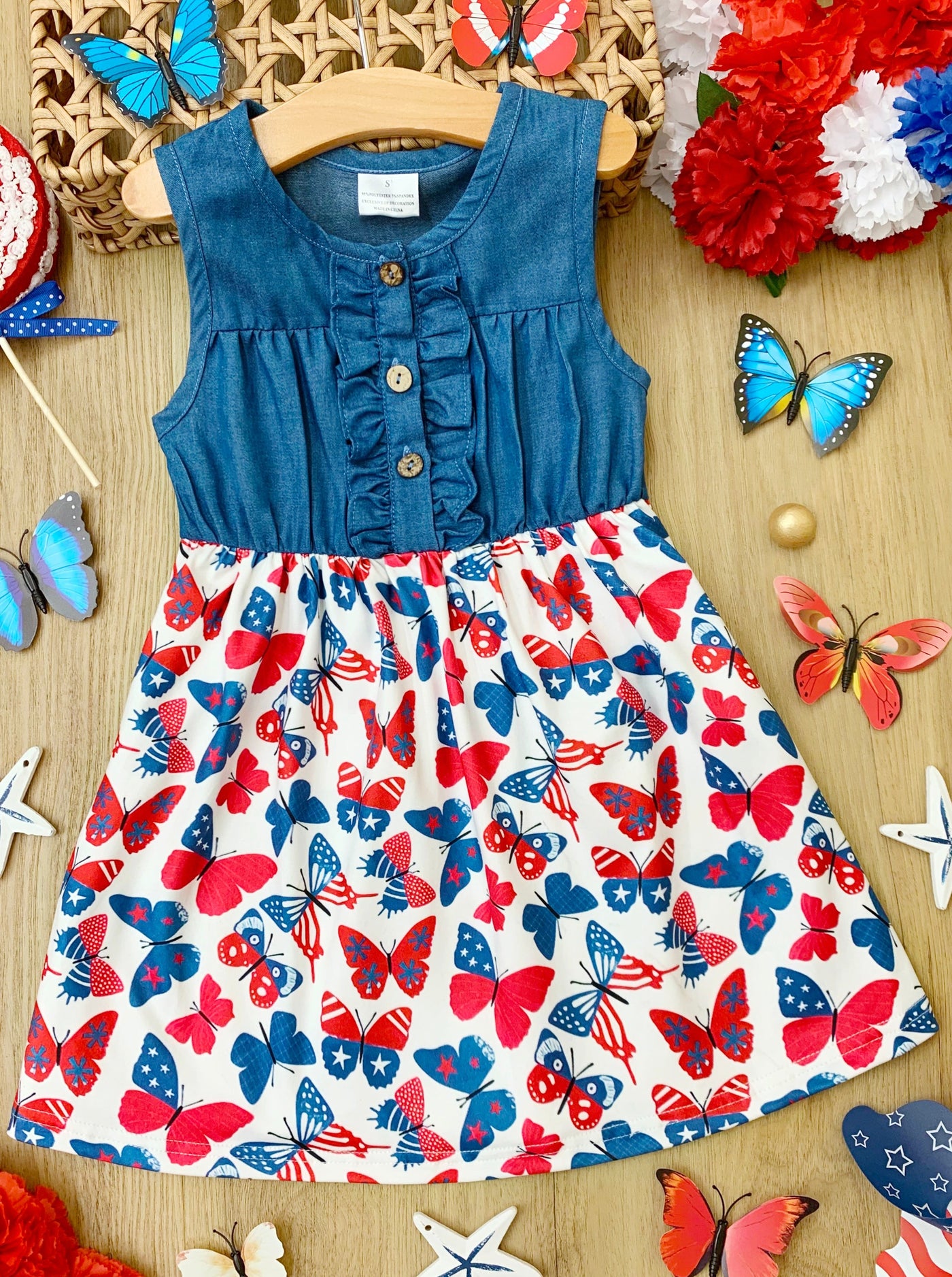 Mia Belle Girls Chambray Butterfly Dress | 4th of July Outfits
