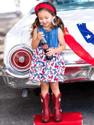 Mia Belle Girls Chambray Butterfly Dress | 4th of July Outfits