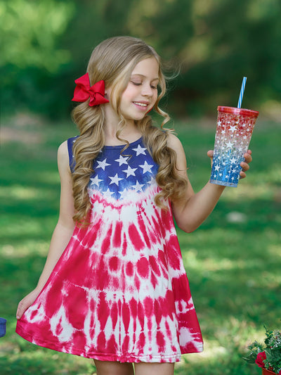 Girls 4th of July Dresses | US Flag Print Boho Tie Dye Midi Sundress