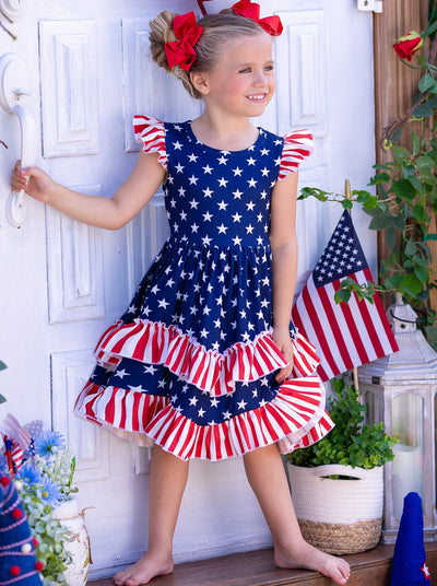 Girls 4th of July Dress | Flutter Sleeve USA Flag Tiered Ruffle Dress