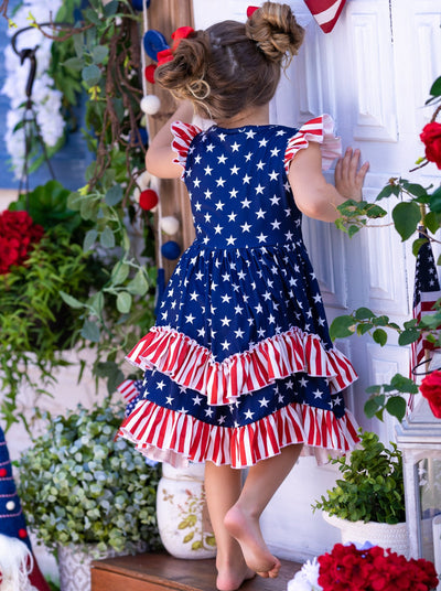 Girls 4th of July Dress | Flutter Sleeve USA Flag Tiered Ruffle Dress