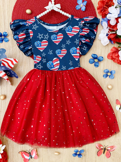 Girls 4th Of July Dresses | US Flag Heart Sequin Sparkle Tutu Dress