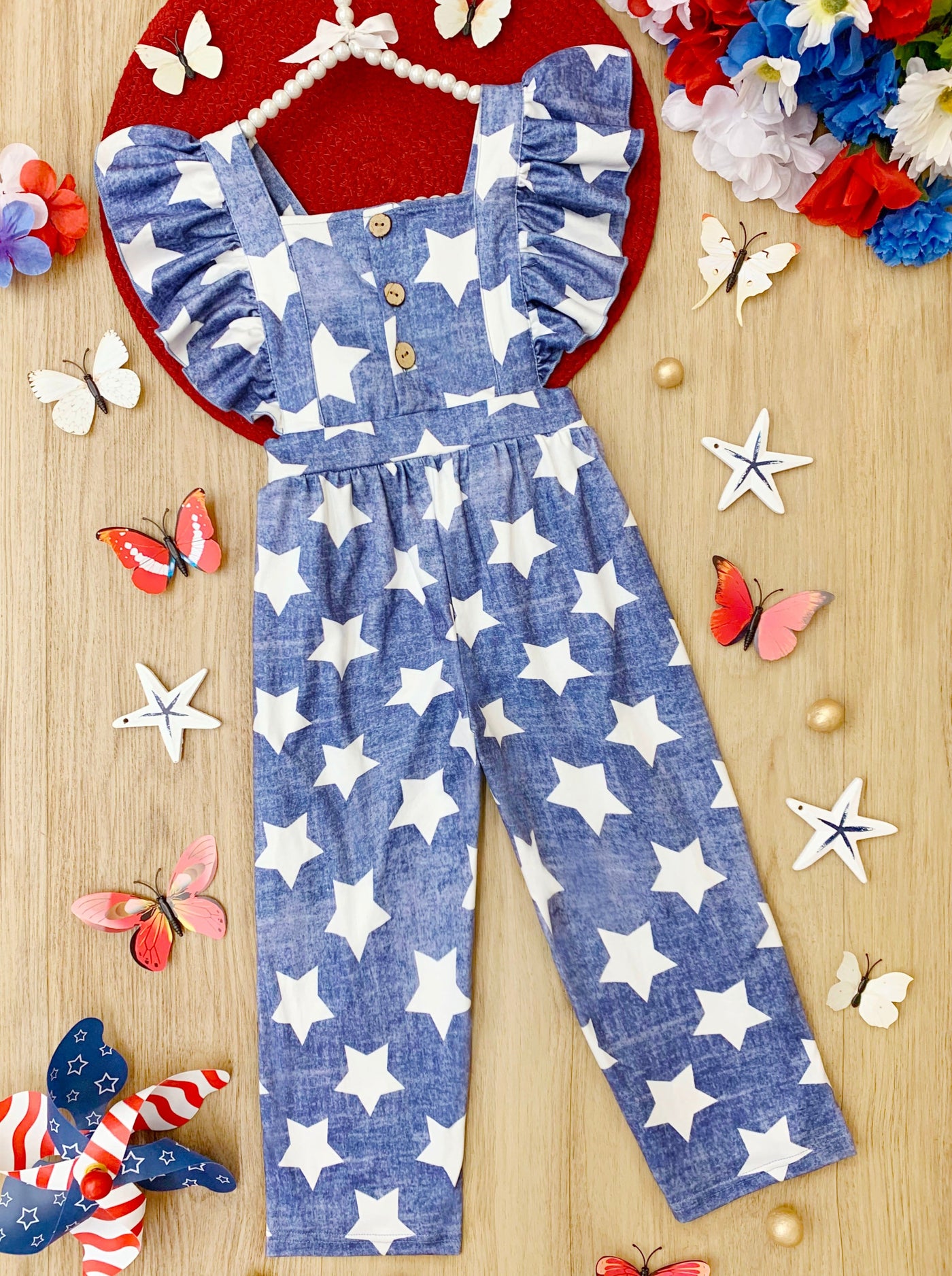 Girls 4th of July Outfits | Ruffle Shoulder Star Print Jumpsuit