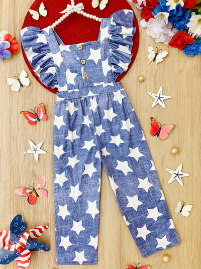 Mia Belle Girls Ruffle Shoulder Star Jumpsuit | 4th of July Outfits