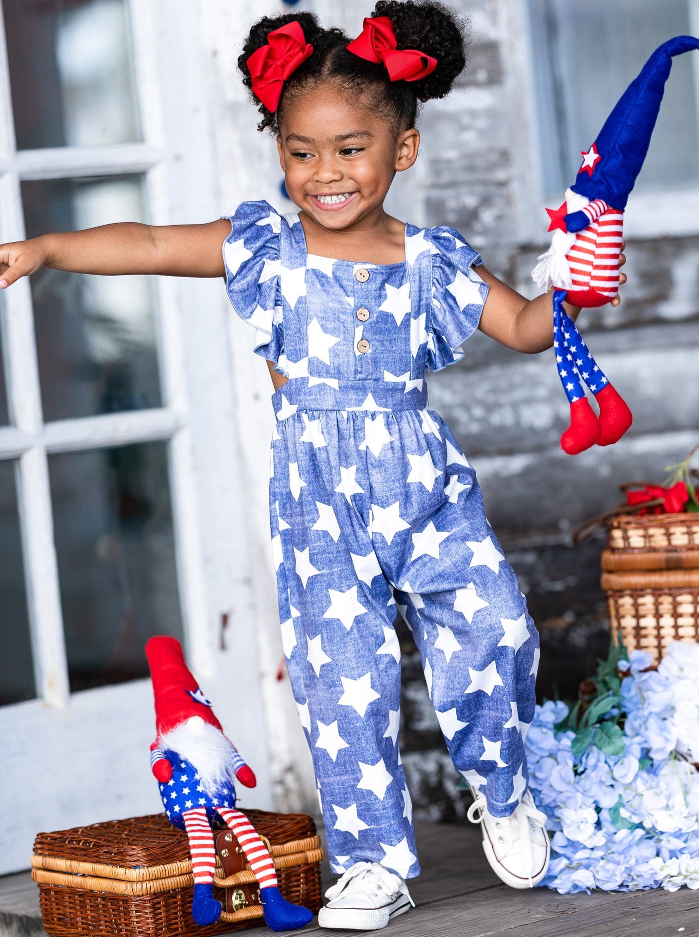 Girls 4th of July Outfits | Ruffle Shoulder Star Print Jumpsuit