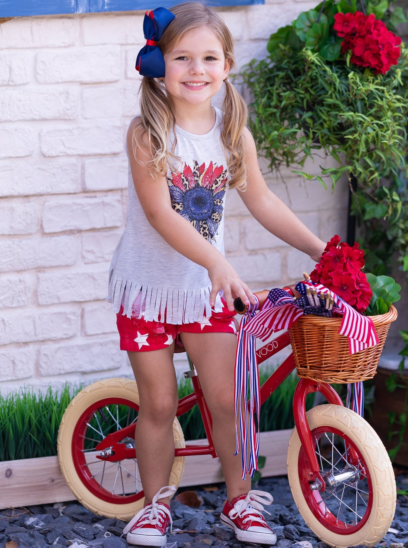 Mia Belle Girls USA Flower Fringe Top And Denim Shorts | 4th of July