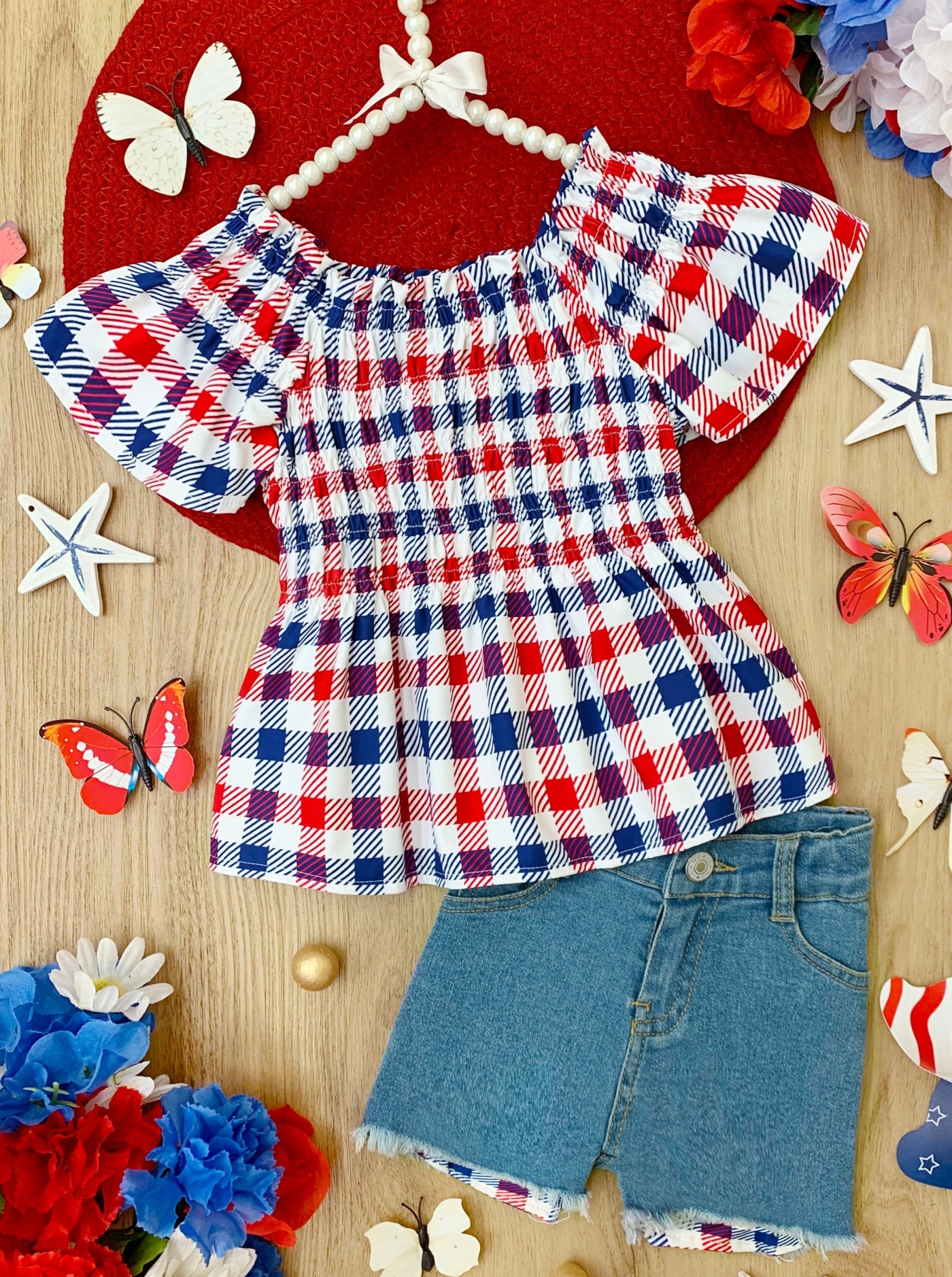 Girls 4th of July Outfits | Plaid Smocked Top & Denim Shorts Set