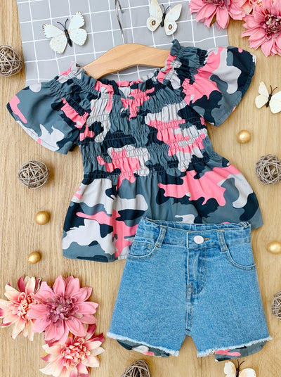 Mia Belle Girls Camo Smocked Top And Denim Shorts Set | 4th of July