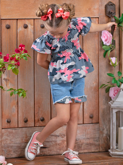 Kids Spring Clothes | Girls Camouflage Smocked Top & Denim Shorts Set 